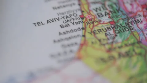Focus rack between Tel Aviv and Gaza on world map Stock Footage 259728099