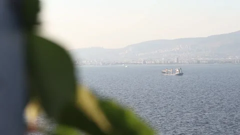 Focus Rack from Leaf to Cargo Ship at Aegean Sea (50 fps) Stock Footage 214473591