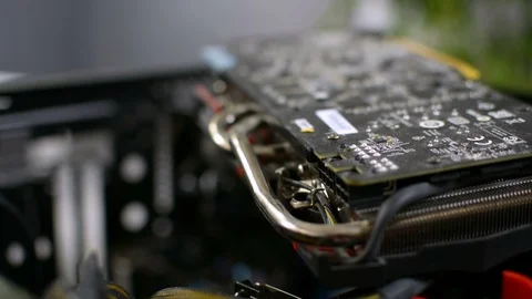 Focus rack of PC personal computer GPU graphic card board circuit closeup 스톡 동영상 91223810