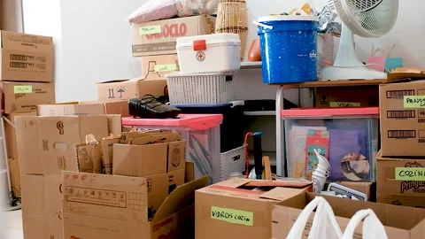Focus racking shot of room filled with boxes and items 動画素材 152668279