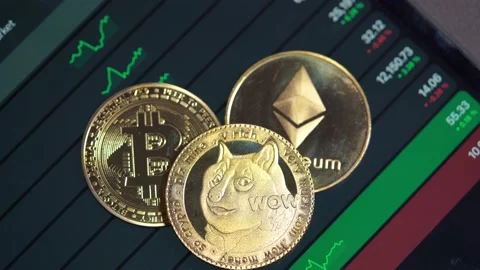 Focus select and blur Dogecoin doge Golden Ethereum ETH and bitcoin Stock Footage 154863362