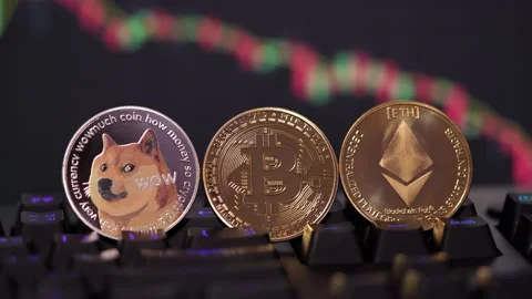 Focus select and blur Panning. Dogecoin, Ethereum ETH, Bitcoin BTC Stock Footage 154863608