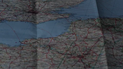 Focus shift over old Map from London to Paris Stock Footage 116651175