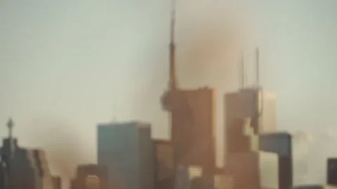 Focus shift from yellow weeds to panoramic view of Toronto skyline near Ont.. Stock Footage 238033953