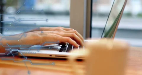 Focus shifting from mug to keyboard triggers hands typing showing focused work Stock Footage 317369847