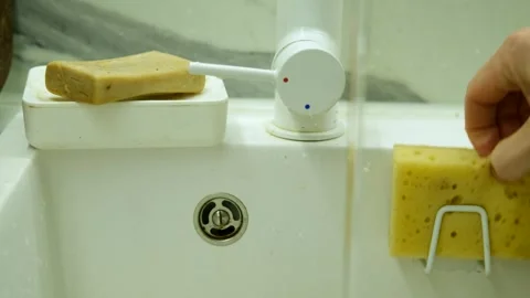 Focus on the sink, a man washes a mug in the sink Stock Footage 294832703