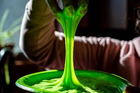 Focus on slime covered hands with strings of gooey webbing down focus on s... Foto stock