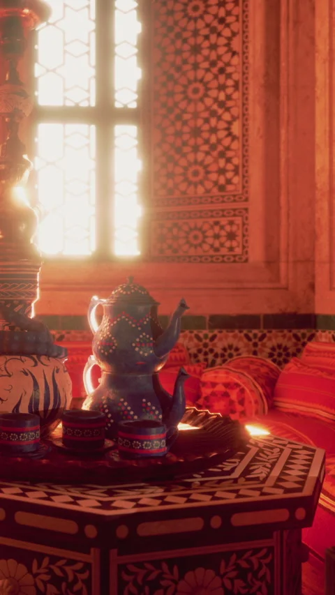 Focus on a tea set on a table in a room with sunlight and patterned walls Stock Footage 340887697