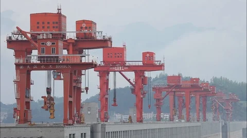 Focus On The Three Gorges Dam Project, Engineering In China Stock Footage 107537762