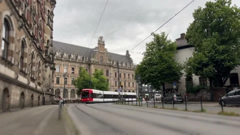 Focus On The Tram Through The Old Streets Of Hamburg, Tilt Shift Lens Stock Footage 235063480