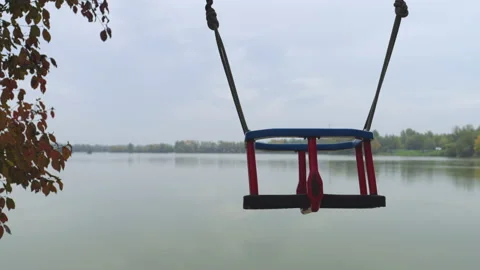 Focus-transition footage of an empty swing swings by the lakeshore Stock-Footage 219717094