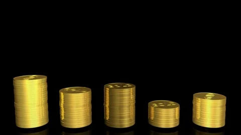 Focus on a wide view stack of gold coins with other coin stacked in the Stock-Footage 334027700