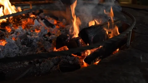 Focus of wood burning inside a fireplace. Fire playing around burned wood 動画素材 123010269
