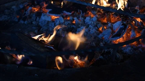 Focus of wood burning inside a fireplace. Fire playing around burned wood 動画素材 123010358
