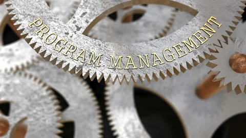 Focuse on the inscription PROGRAM MANAGEMENT on the gear Stock Footage 107904003
