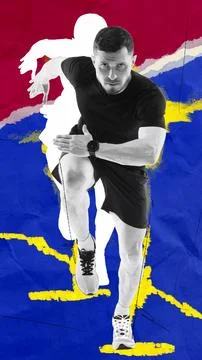 Focused and concentrated man, runner in motion developing speed, preparing for Stock Photos