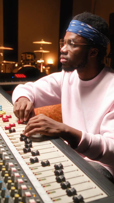 Focused Black Audio Engineer Adjusting Faders on Mixing Desk in Recording Studio Stock Footage 334394810