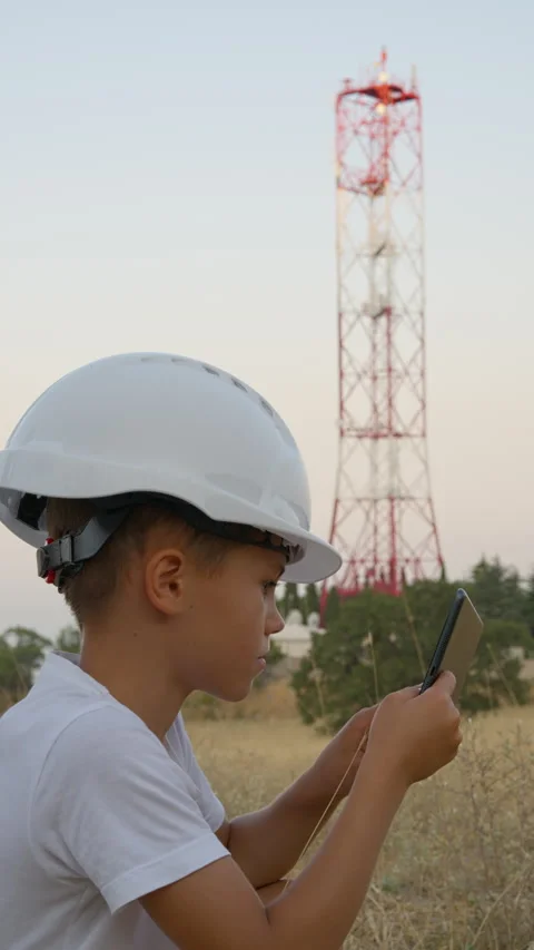 Focused Boy Interacting with Tablet Near High-Tech Signal Tower Stock Footage 313985089