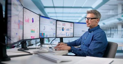Focused Businessman Analyzing KPI Data On Office Computer Dashboard Stock Photos