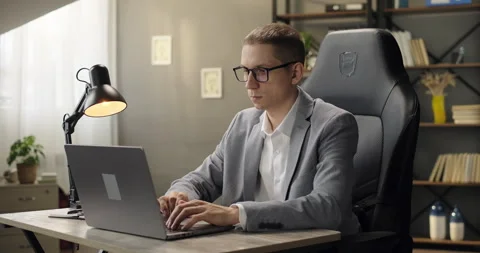 Focused businessman working using computer laptop. Side view successful Stock Footage 274735676