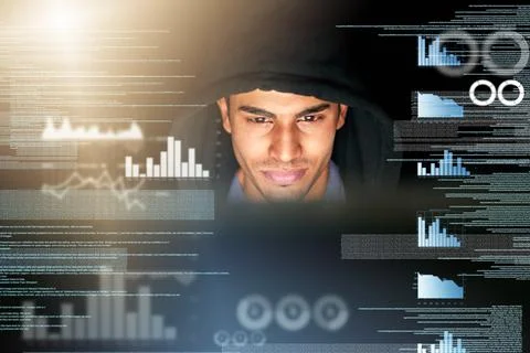 Focused on the code. a handsome young male computer programmer working on new Stock Photos