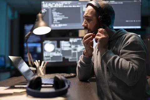 Focused developer talking with headset during online meeting Foto stock