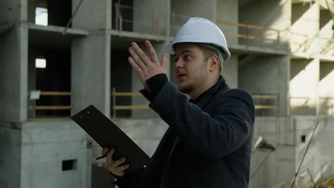 Focused engineer in hard hat discussing project plans on a sunny day Stock Photos