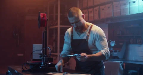 Focused engineer measuring 3D model of detail in garage Stock Footage 259394327