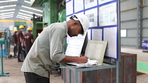 A focused engineer or quality inspector, wearing a white hard hat, diligently Stock Footage 320219049