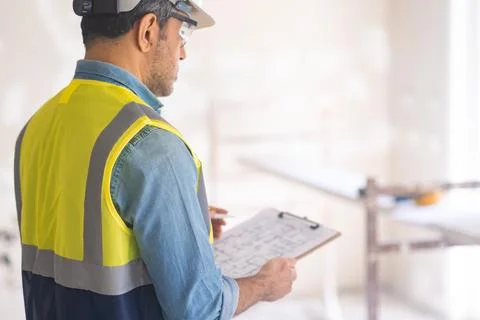 Focused engineer in protective helmet holds clipboard with renovation project in Stock Photos