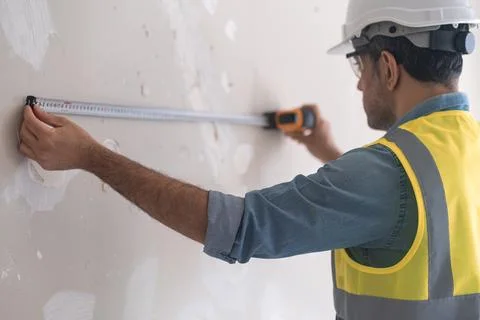 Focused engineer in protective helmet measuring shabby wall with tape-line Stock Photos