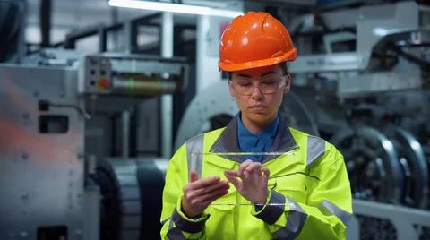 Focused engineer using tablet with digital glass near factory constructions. Foto stock