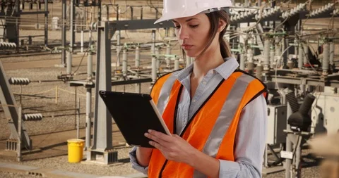 Focused female electrical worker at work on pad device at electrical facility Vídeo Stock 87614814