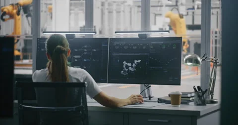 Focused Female Engineer Tracking Robotic Performance Metrics and Digital Twin Stock Footage 325423615