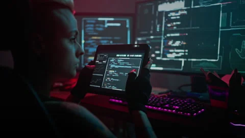 Focused female hacker checks work of software on tablet 스톡 동영상 257810366