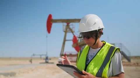 Focused female worker with tablet at oil production site Stock Footage 317252534