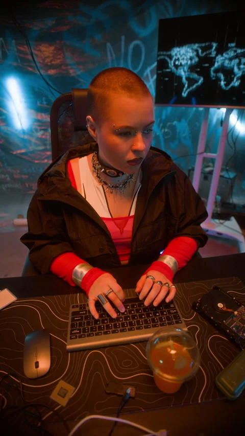 Focused Futuristic Woman Hacking on Computer in Dark Neon Workspace Stock Footage 327637347