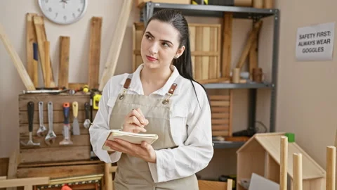 A focused hispanic woman in a carpentry workshop noting details on a notepad. Stock Footage 261390332