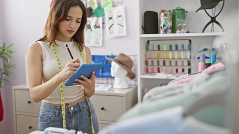 A focused hispanic woman takes notes on a tablet while working in a colorfu.. Stock Footage 276188018