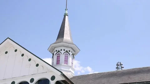 A focused insert shot of the iconic Churchill Downs Twin Spires decorated in Stock Footage 334699043
