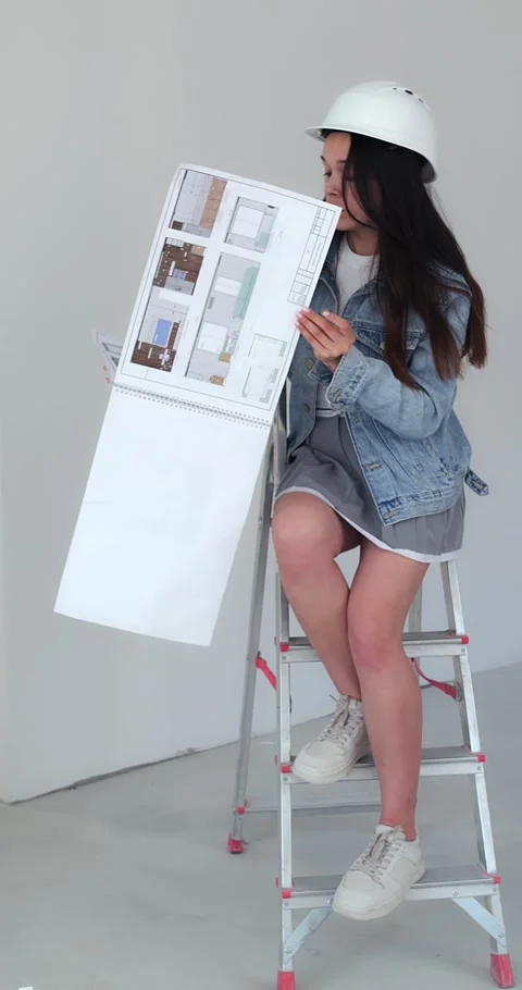 Focused interior designer in denim, perusing blueprints on a ladder, immersed in Stock Footage 274065338