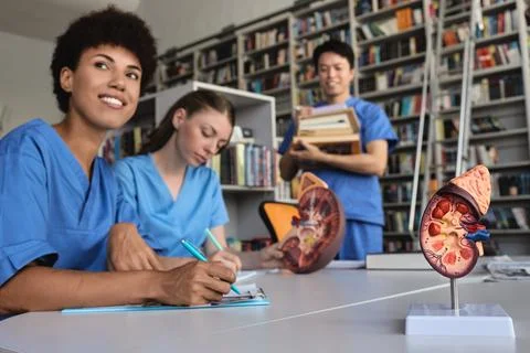Focused intern doctors taking clinical notes by an anatomical kidney replica  Stock Photos