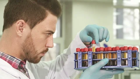 Focused laboratory assistant meticulously examines colorful test tubes Stock Footage 311989041