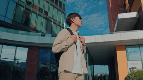 Focused Learning College Student with Schoolbag looking at camera Stock Footage 289600580