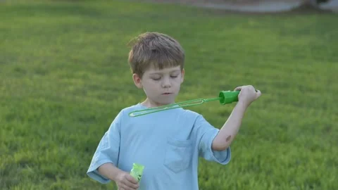 Focused little boy carefully blows soap bubbles outdoors on sunny day Stock-Footage 317320652