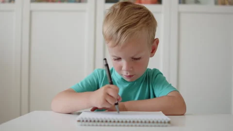 Focused little boy writing in notebook in school. Small child scribbling wi.. Stock Footage 340724464