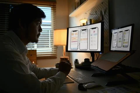 Focused male developer working on development project for mobile application at Stockfoto's