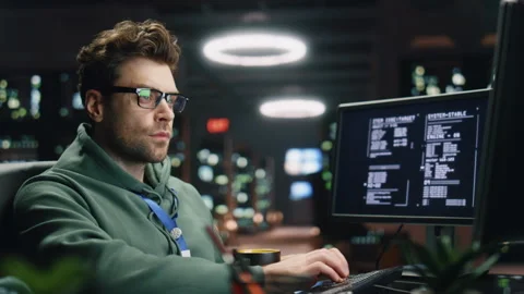 Focused man coding computer keyboard night datacenter closeup. Programer working Stock Footage 260262202