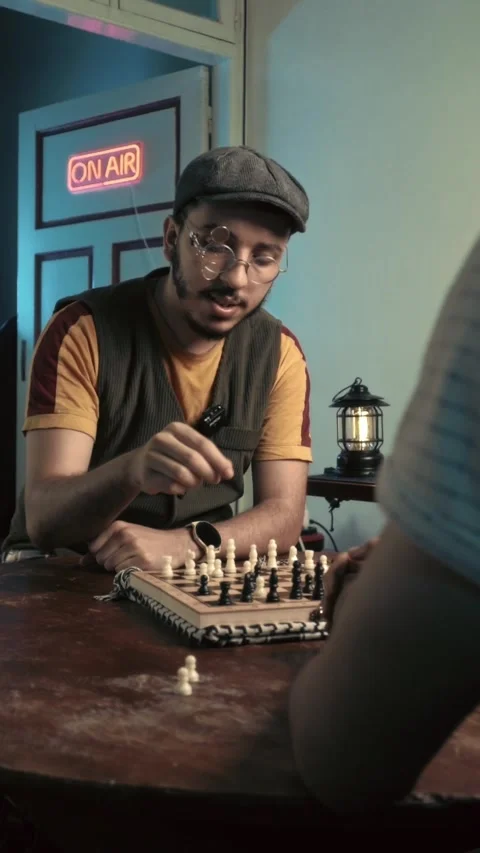 Focused Man Playing Chess in Retro Studio with Neon Sign Video stock 321679754