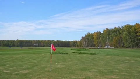 Focused man practicing golf swing on driving range with greenery in background Stock Footage 346360633